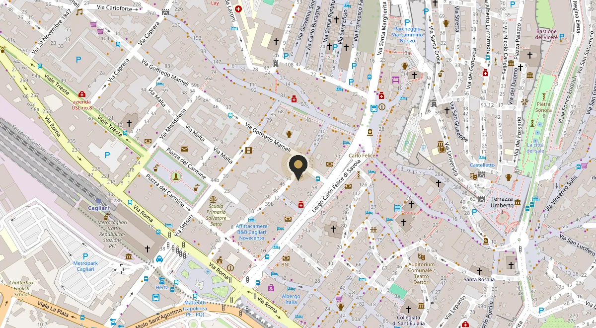 Mappa del centro di Cagliari con il segnaposto di Angolo 66 in via Giovanni Maria Angioy, fra Largo Carlo Felice e piazza del Carmine, a un isolato da via Roma